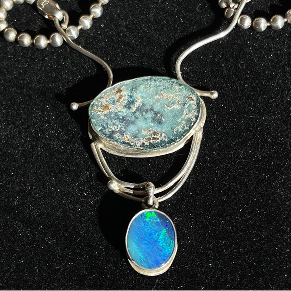 Vintage Unique Roman Glass and Opal Sterling Silver Necklace on Ball Chain - Picture 7 of 14